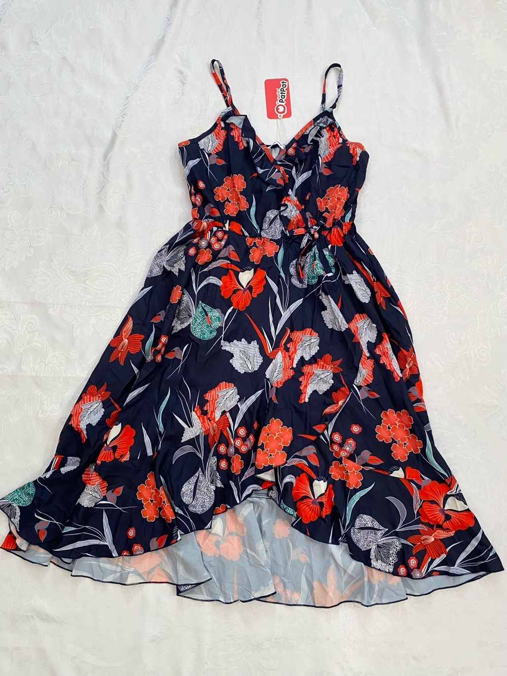 Patpat Women Red Floral Print Spaghetti Strap High-Low Midi Dress, Size M
